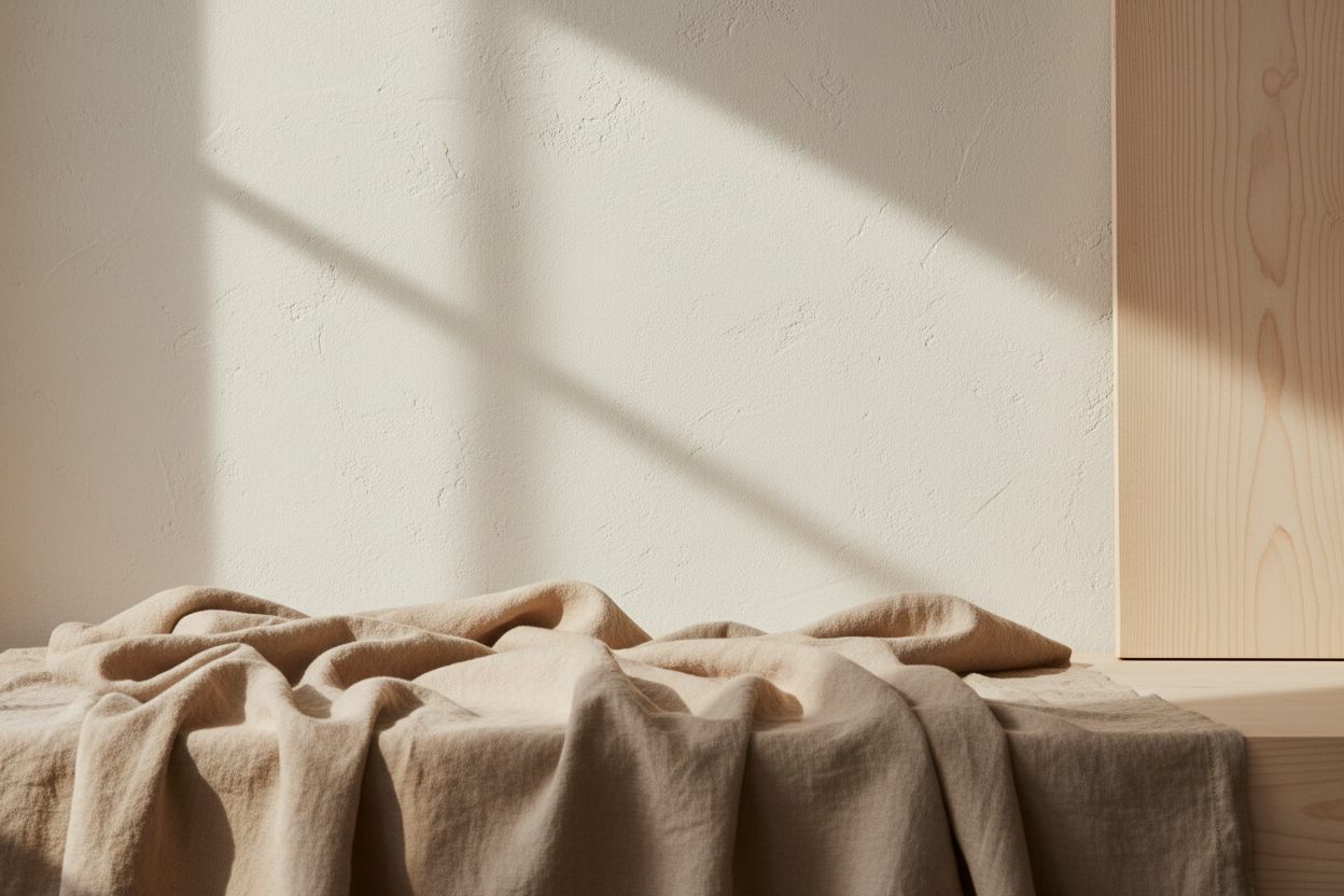 A minimal, premium editorial photograph conveying calm completion and steadiness. Soft natural light falling across neutral, organic textures: lightly creased linen fabric, warm off-white plaster wall, and pale natural wood.
No people, no products, no text, no branding, no props. The composition is quiet and balanced, with generous negative space for text overlay. Colour palette is warm and restrained: beige, soft stone, muted clay, off-white. Lighting is diffused and natural, with gentle shadows