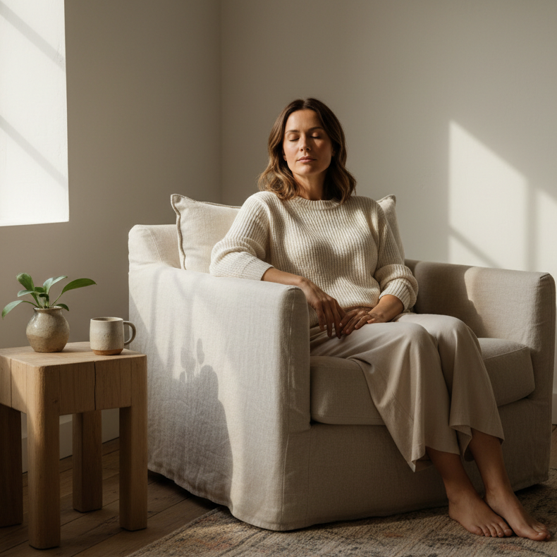 calm, premium lifestyle image that evokes quiet strength and restoration rather than wellness hype.

A woman in her late 30s to early 40s, natural and unstyled, in soft morning or late-afternoon light. She is present and grounded — not smiling at the camera, not performing.

Setting is minimal and real: a softly lit kitchen or living space, warm neutral tones, natural textures (linen, wood, ceramic). No clutter. No overt wellness props.

The mood is steady, thoughtful, and human — a moment of pause in a ful